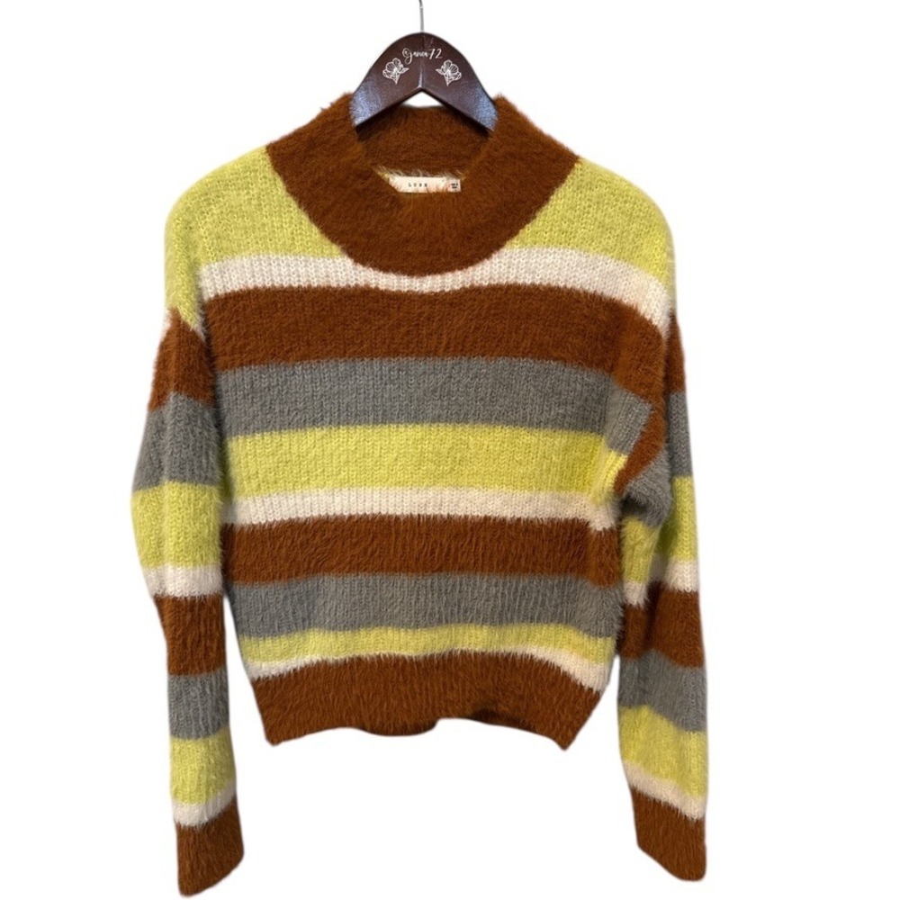 LUSH Striped Mock Neck Fuzzy Sweater Women's Size S‎  Chunky Cozy Stripe